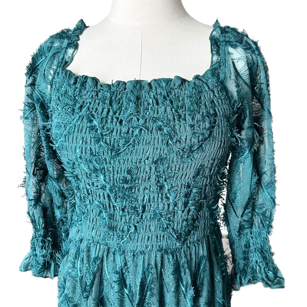 NEW Baltic Born Paloma Smocked Tiered Feather Maxi Dress Emerald Green Medium - Picture 3 of 6